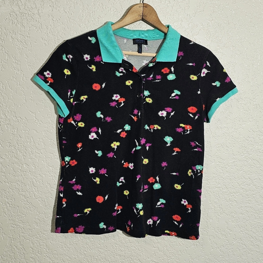 Escada Sport Colorful Print Cotton Blend Polo Tee